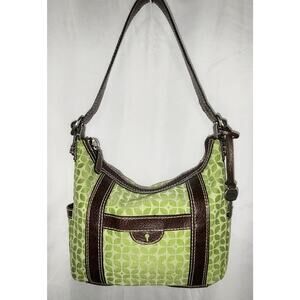 Fossil - Apple Green Canvas & Dark Brown Faux Leather Trim Shoulder Purse